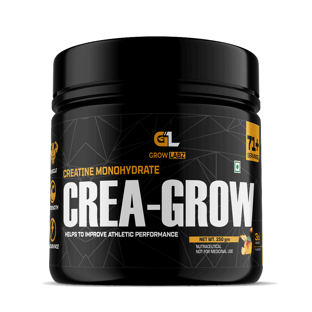 Black container of Crea-Grow supplement with Grow Labz branding on a white background