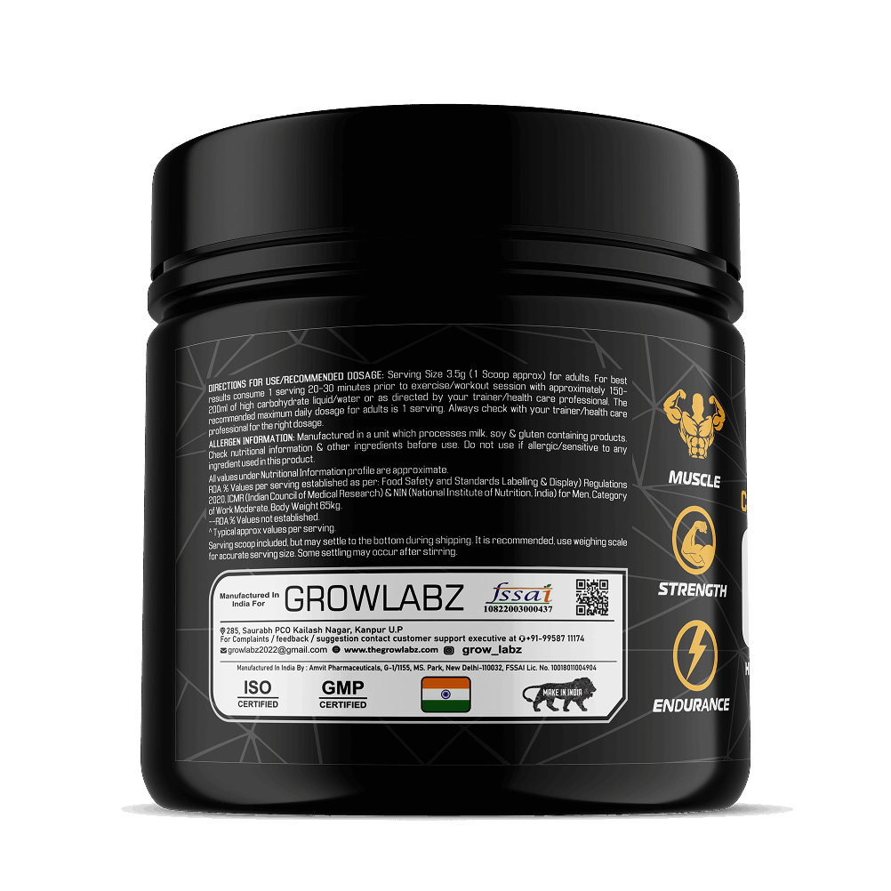 Black supplement container with 'Growlabz' branding on a white background