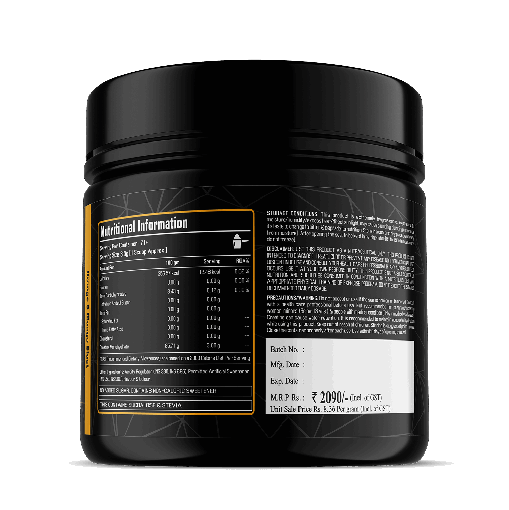 Black supplement container with nutritional information on a white background