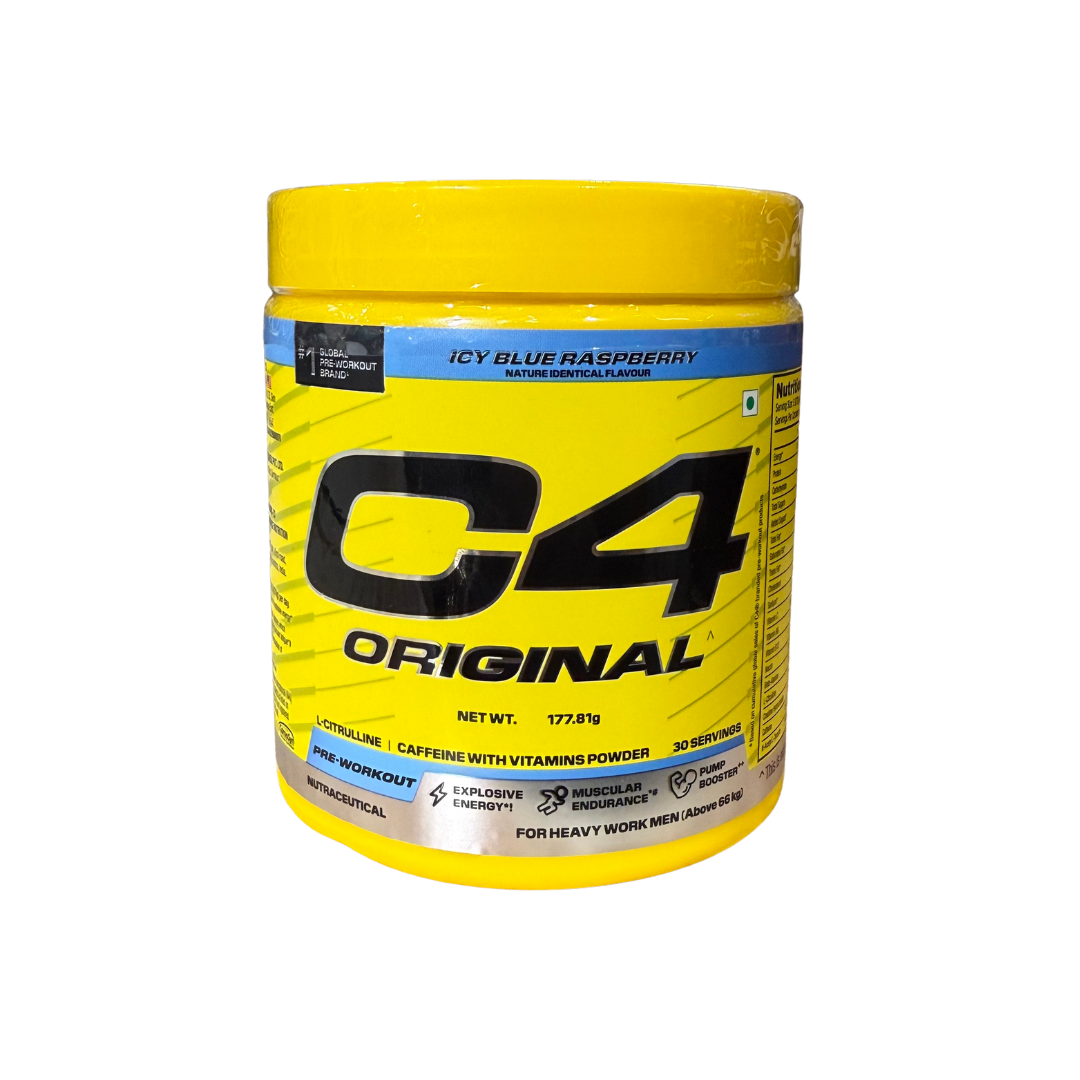 Yellow container of C4 Original supplement powder on a white background