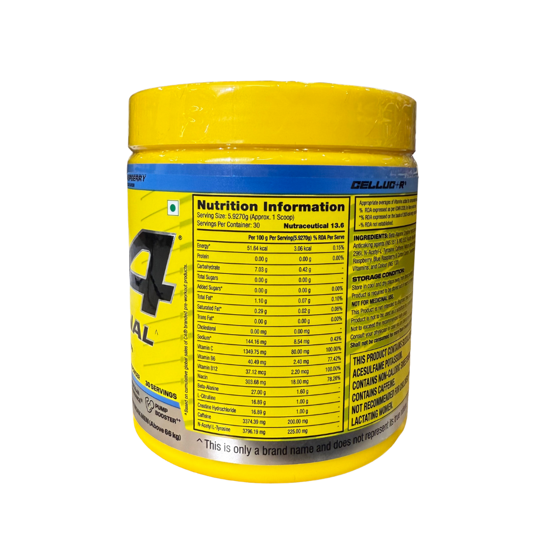 Yellow supplement container with nutrition information label on a white background