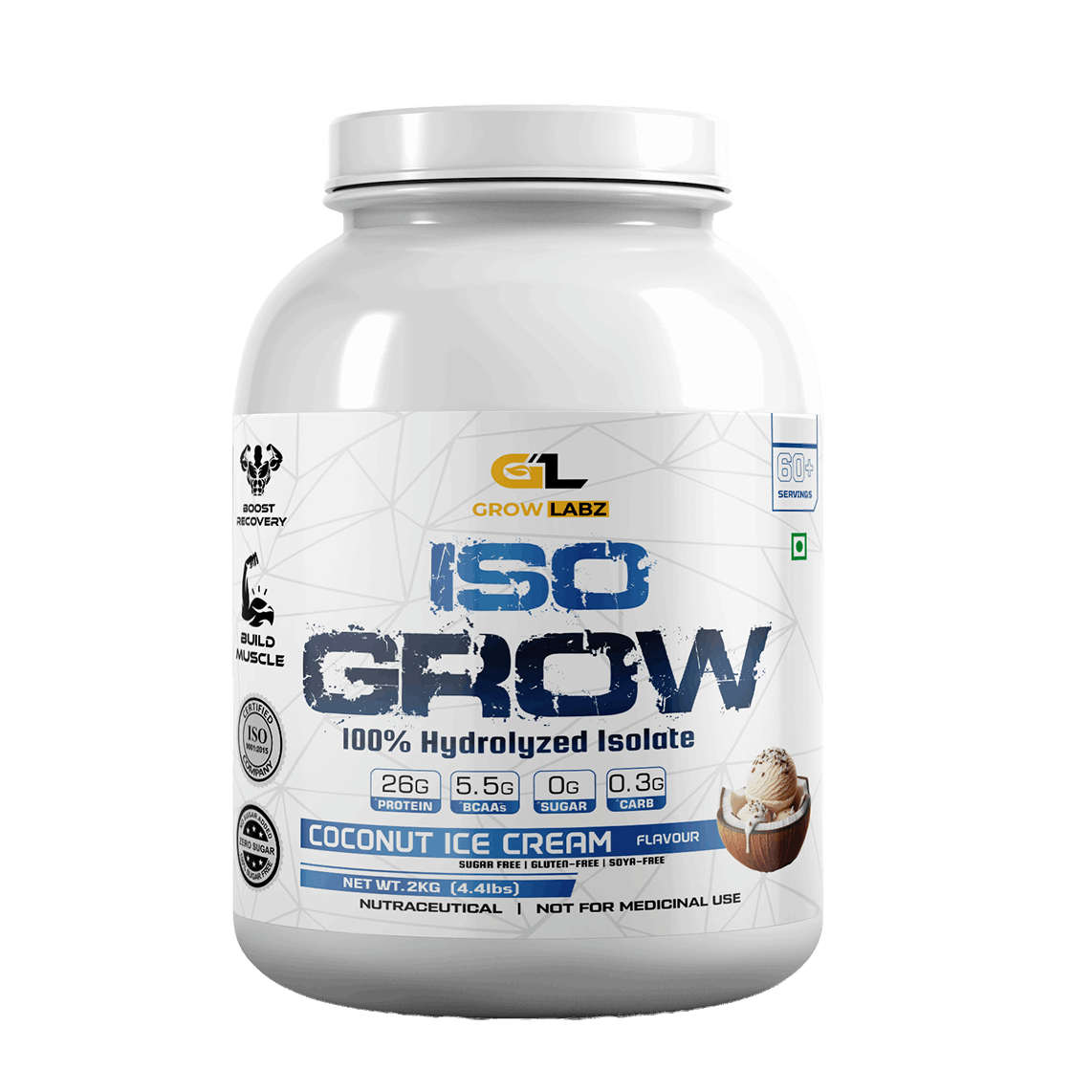 Container of Grow Labz ISO Grow protein powder with coconut ice cream flavor on a white background