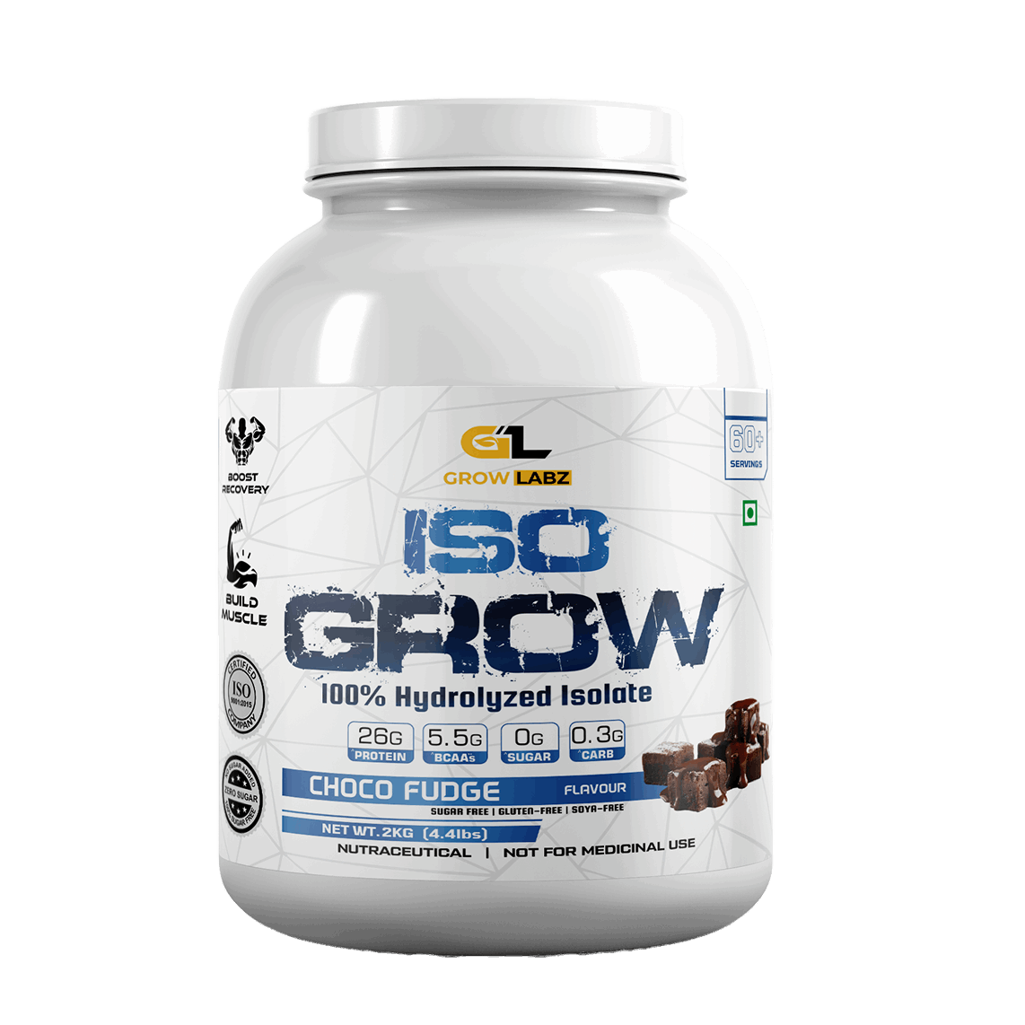 Container of Grow Labz ISO Grow supplement with choco fudge flavor on a white background