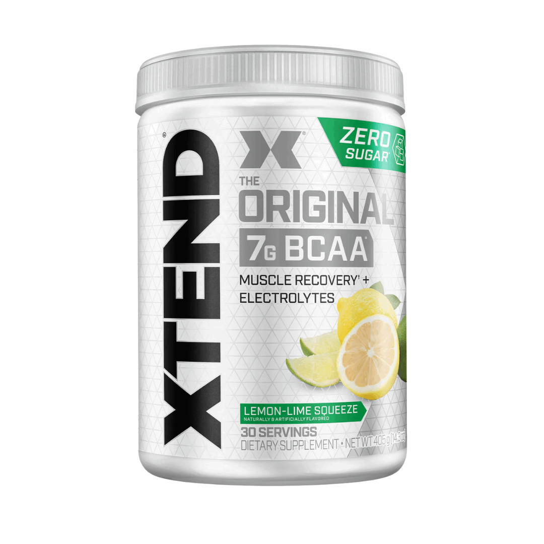Container of XTEND BCAA supplement with lemon-lime flavor on a white background