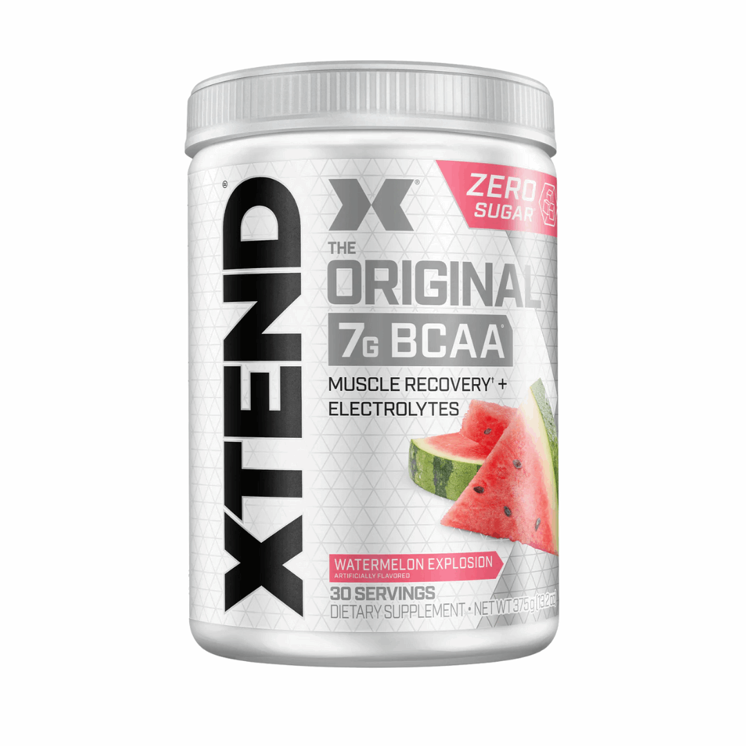 Container of Xtend BCAA supplement with watermelon flavor on a white background