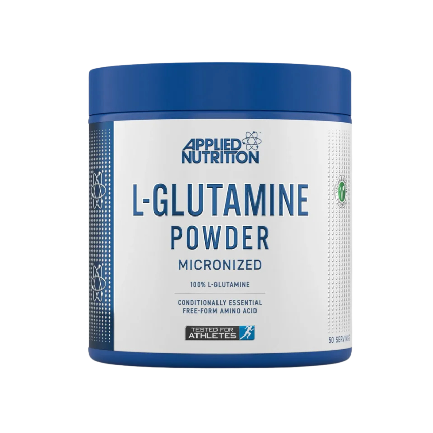 Container of Applied Nutrition L-Glutamine Powder on a white background