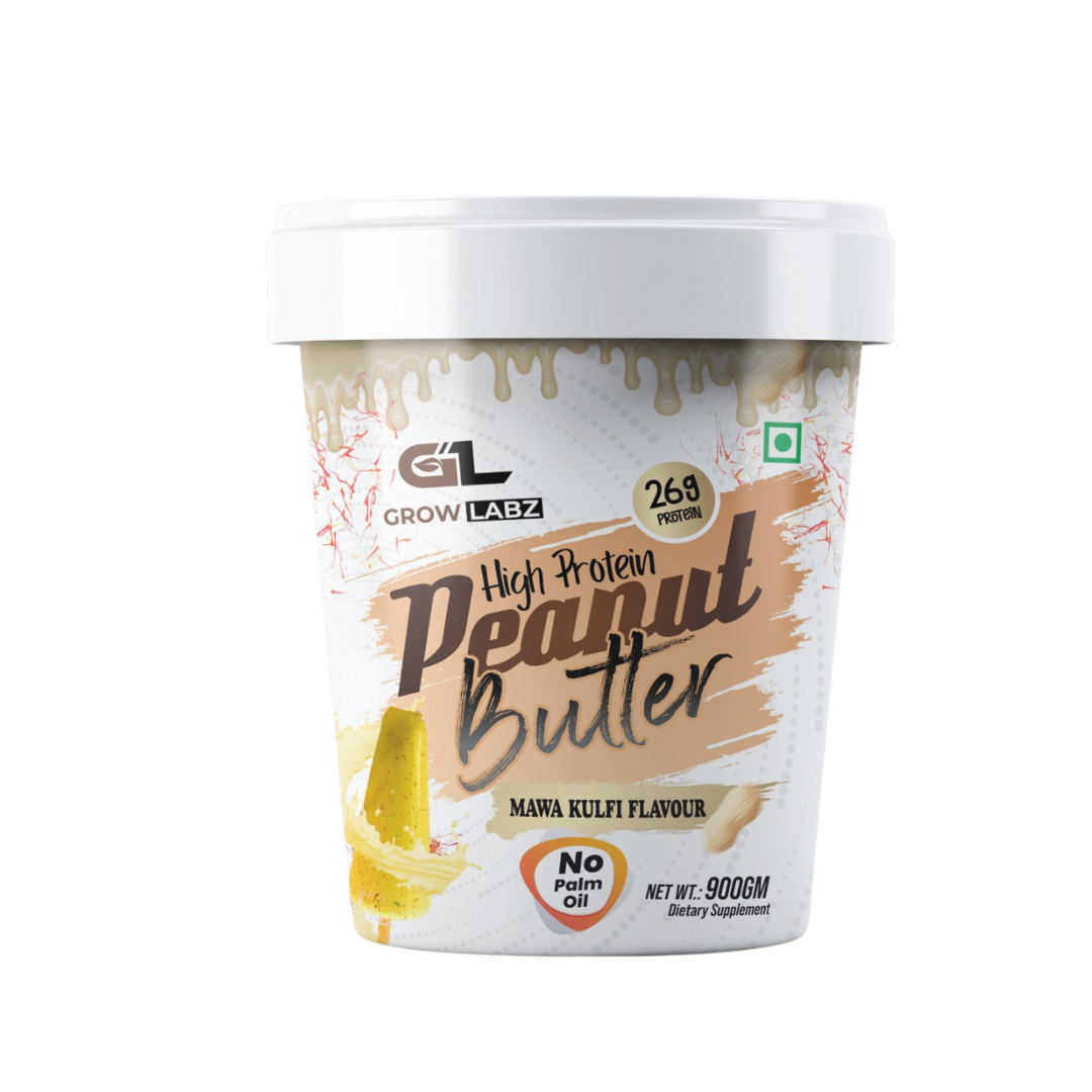 Container of Grow Labz High Protein Peanut Butter Mawa Kulfi Flavour on a white background