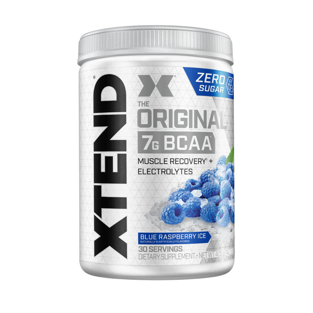 Container of XTEND BCAA supplement with blue raspberry ice flavor on a white background