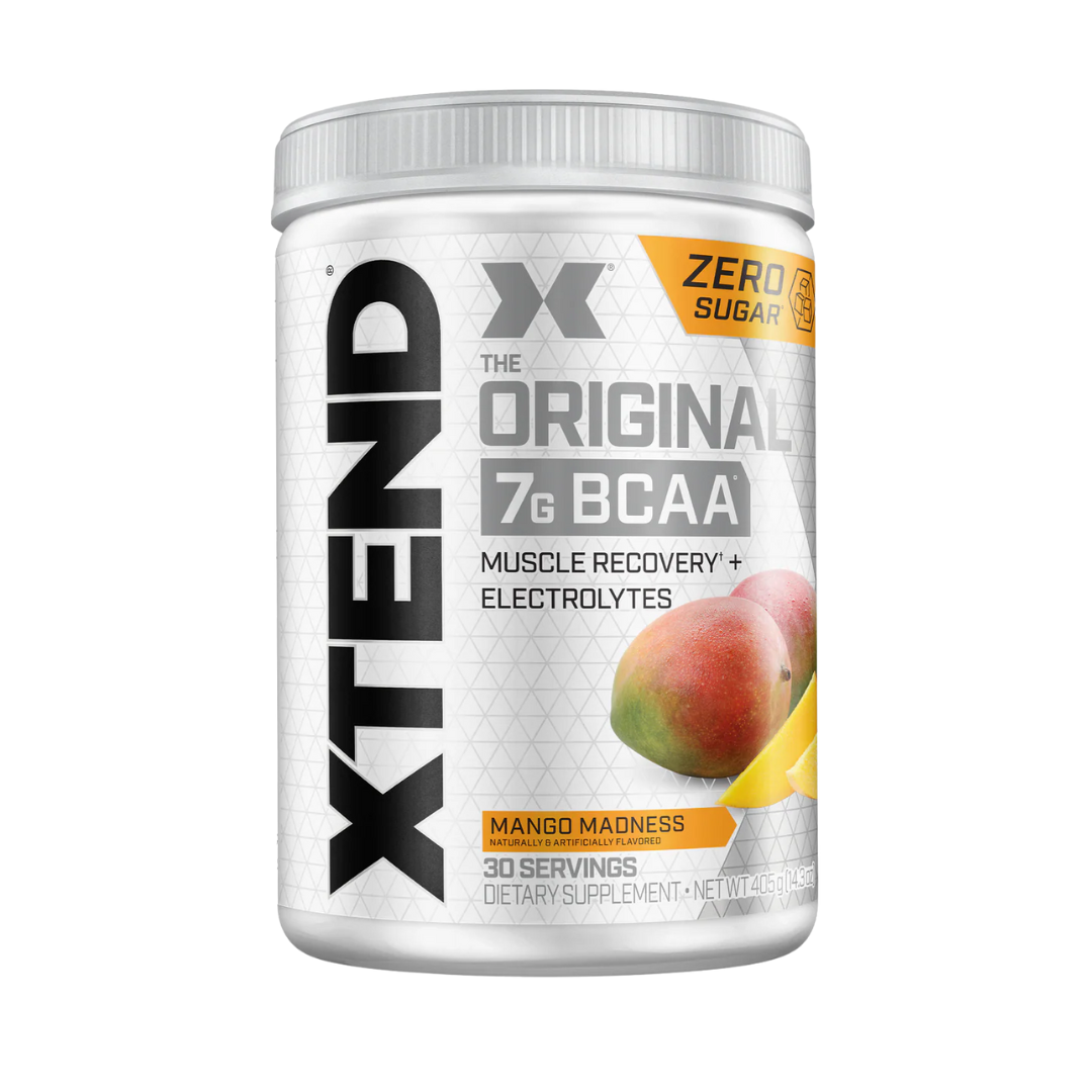Container of XTEND BCAA supplement with mango flavor on a white background