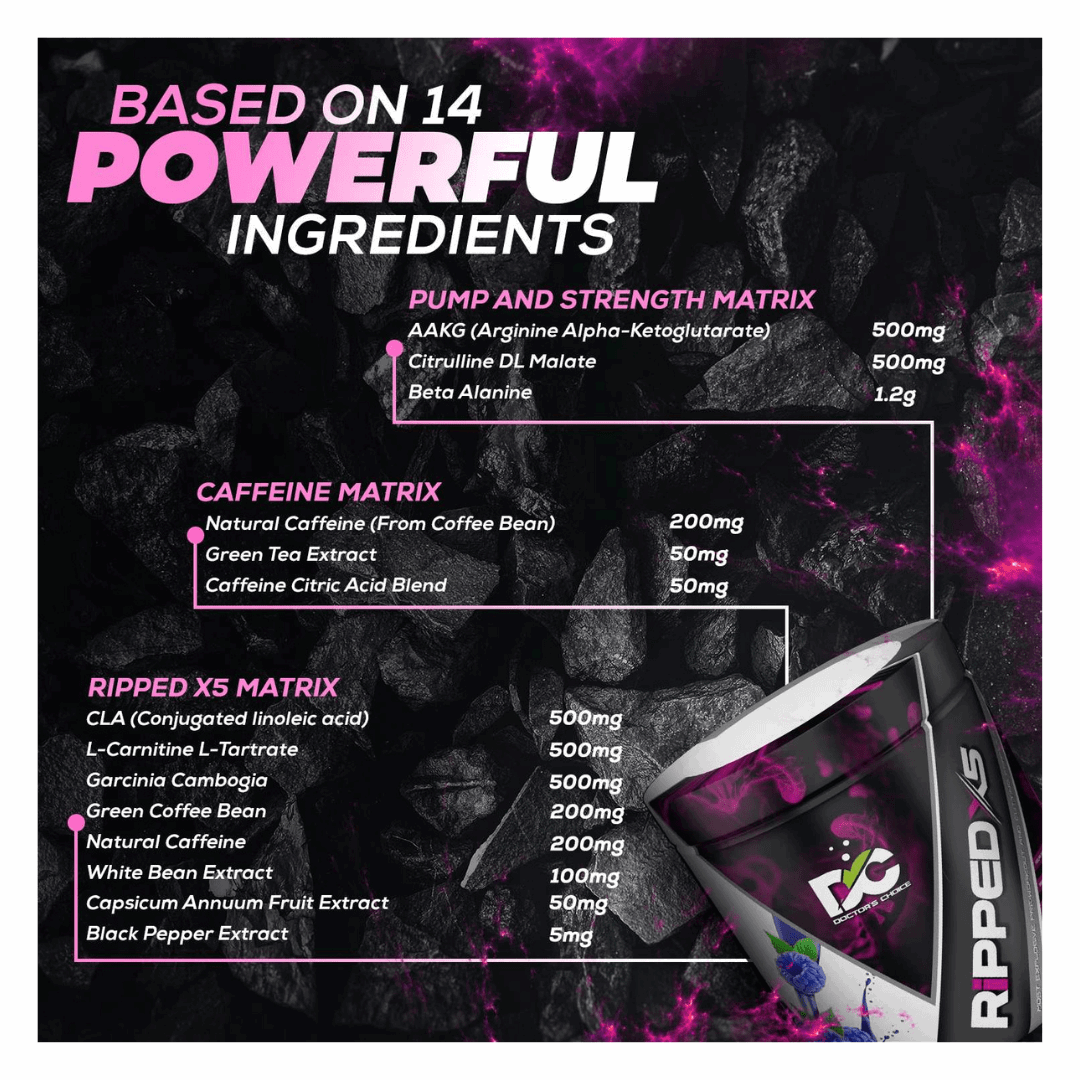Supplement product with ingredient list and Ripped X5 container on a dark background