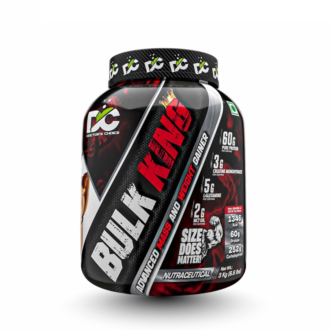 Nutritional supplement container with 'Bulk King' branding on a white background