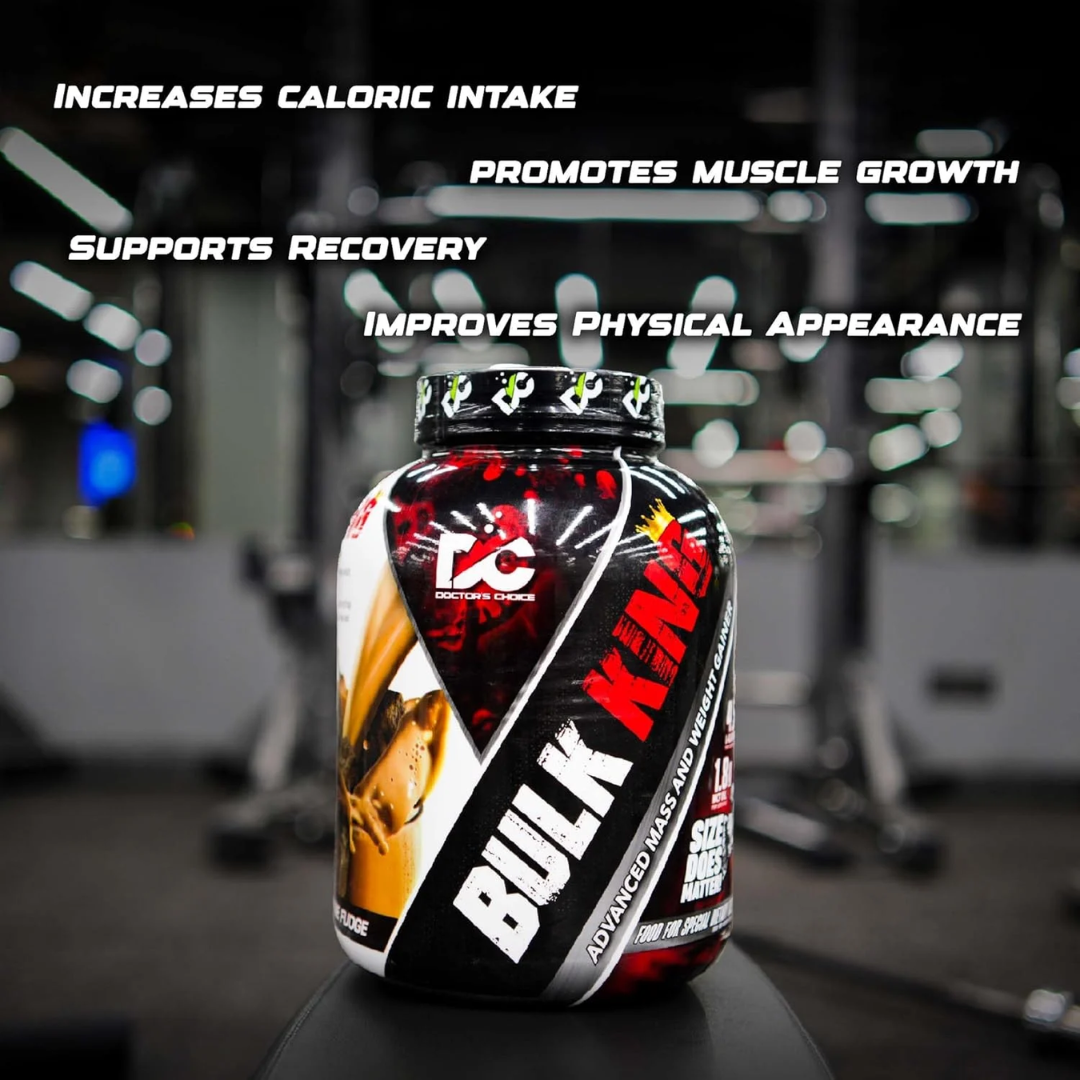 Supplement container labeled 'Bulk King' with gym equipment in the background