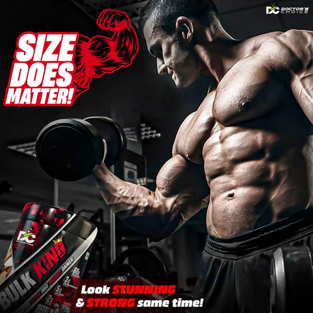 Muscular man lifting weights with 'Size Does Matter!' and 'Bulk King' supplement packaging in the foreground.