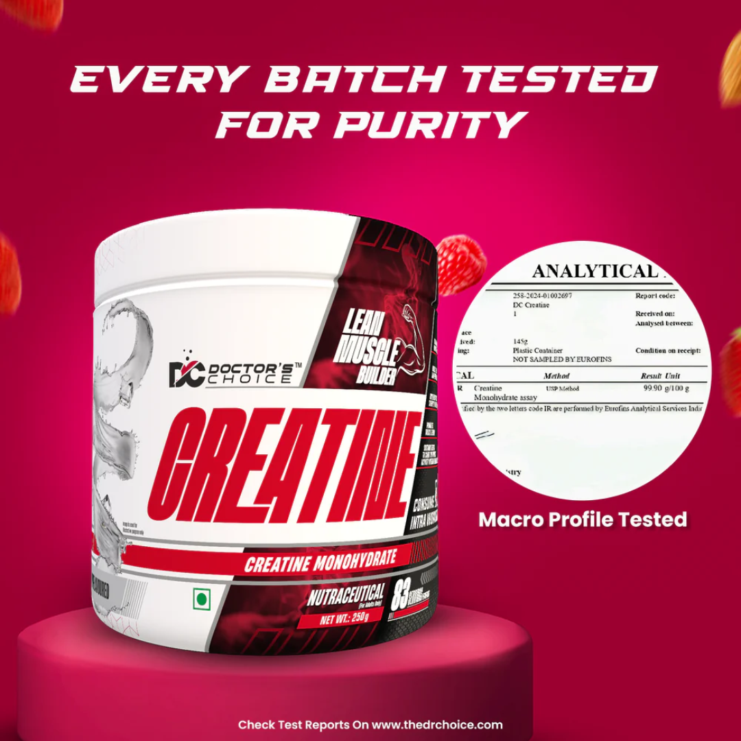 Supplement container labeled 'Doctor's Choice Creatine' on a red background with text about purity testing.