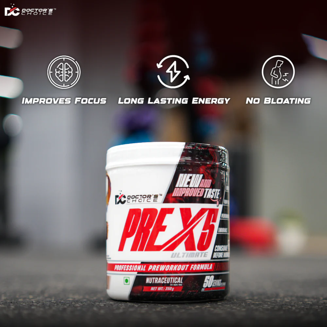 PRE-X6 supplement container with features on a blurred gym background