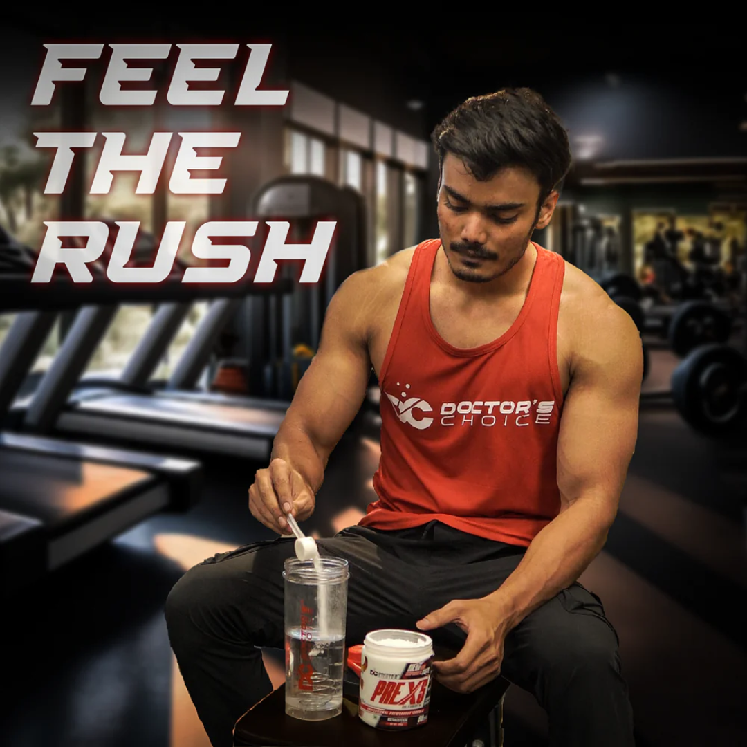 Man in a gym setting with 'Doctor's Choice' supplement containers and 'Feel the Rush' text.