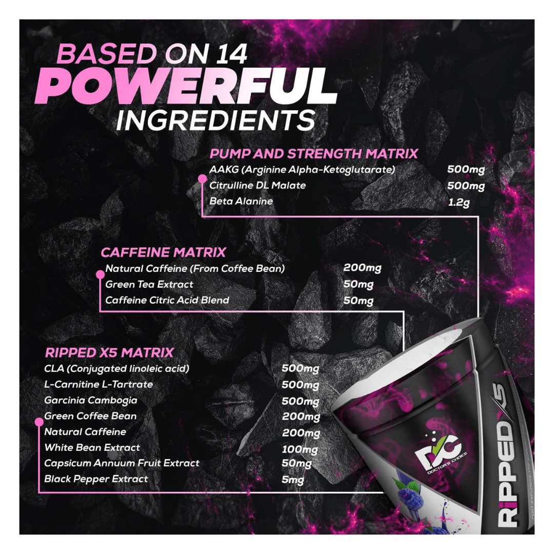 Supplement product with ingredient list and Ripped X5 container on a dark background