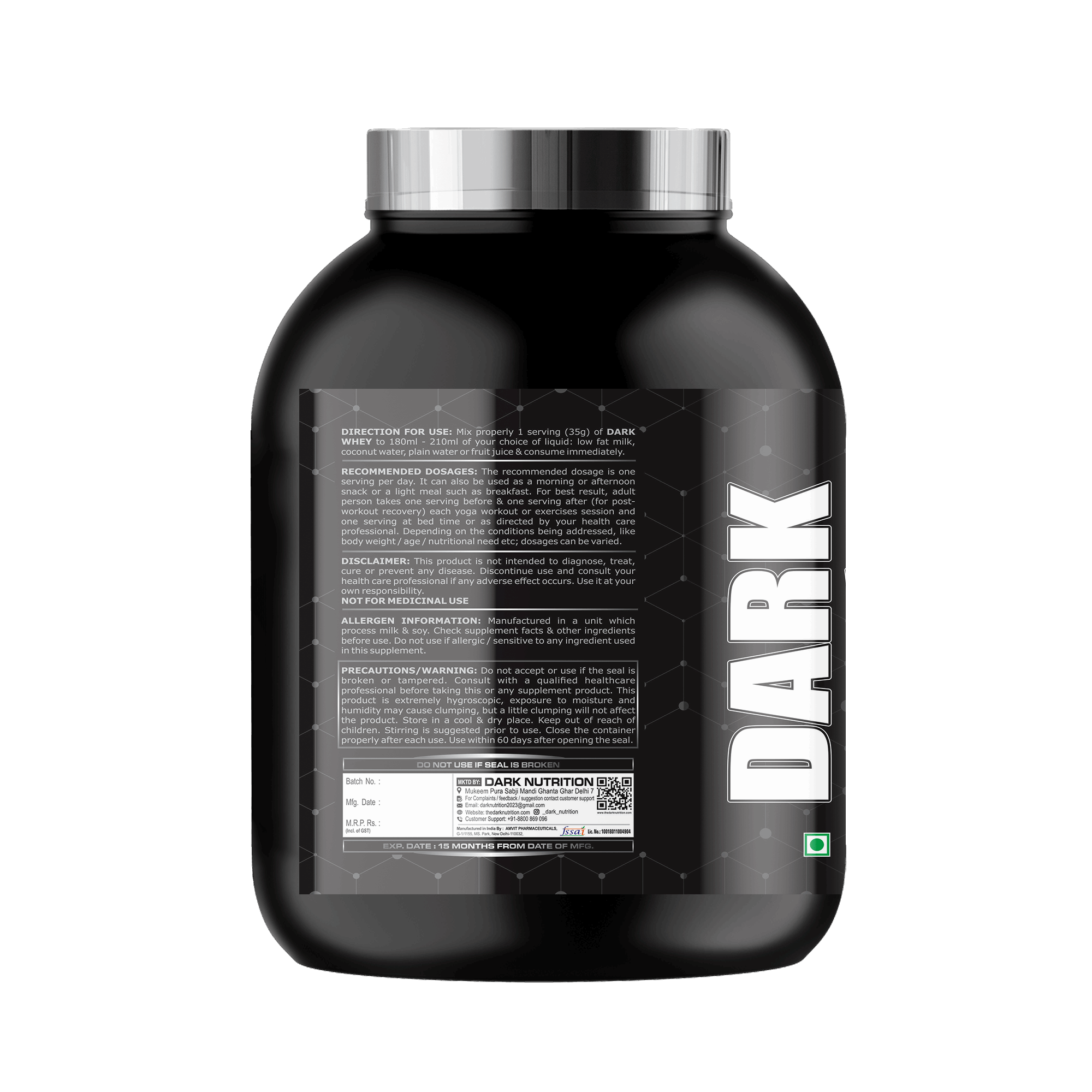 Black supplement container with 'Dark' branding on a white background