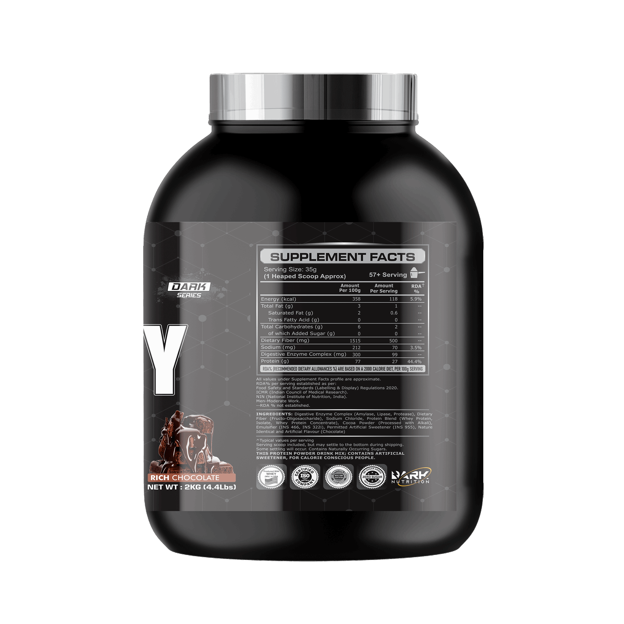 Black supplement container with supplement facts label on a white background