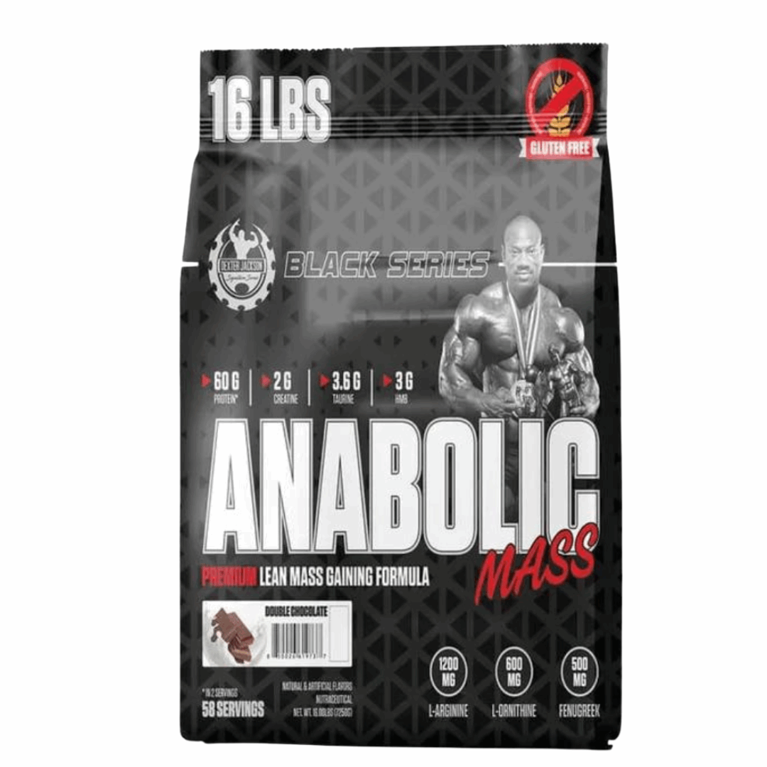 Anabolic Mass supplement package with a black and red design on a white background