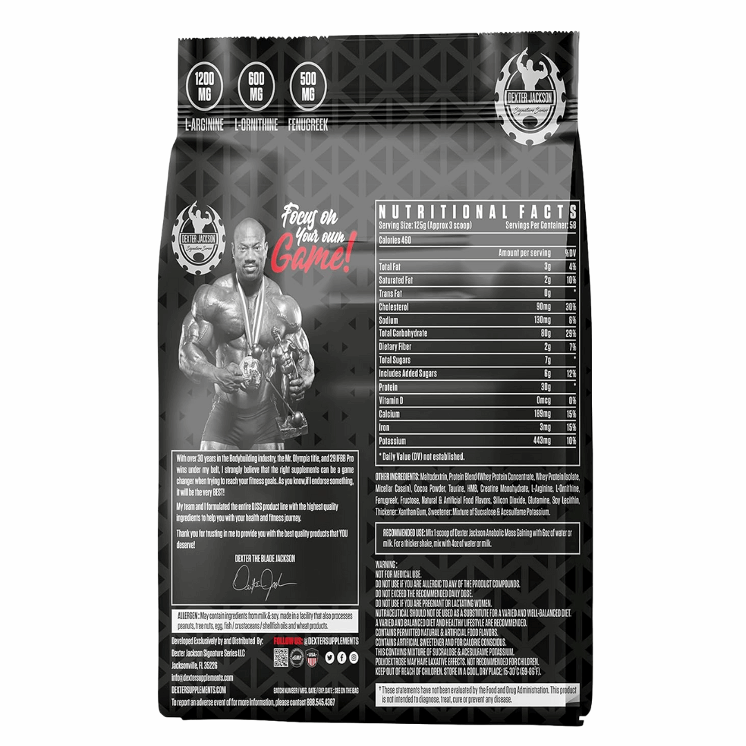 Nutritional facts label on a supplement package with a muscular figure and branding.