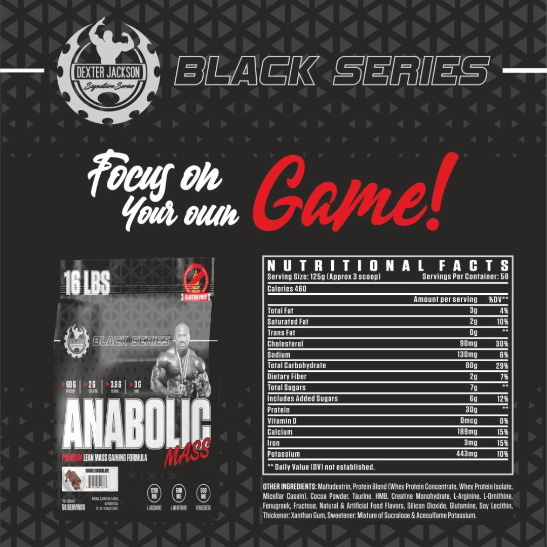 Dexter Jackson Black Series Anabolic Mass supplement packaging with nutritional facts on a dark background