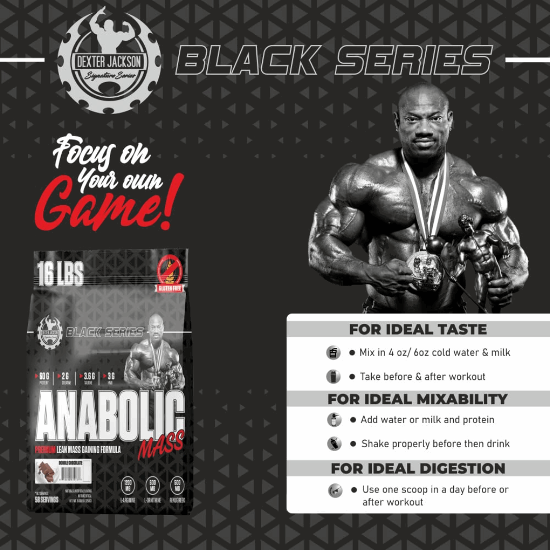 Advertisement for Dexter Jackson Black Series Anabolic Mass supplement with a bodybuilder and text on a dark background.