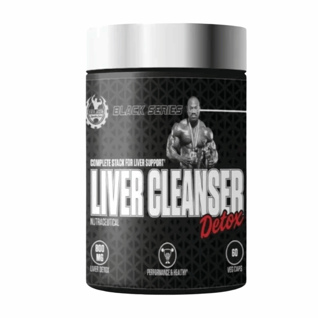 Black supplement container labeled 'Liver Cleanser Detox' with a person on the label against a white background.