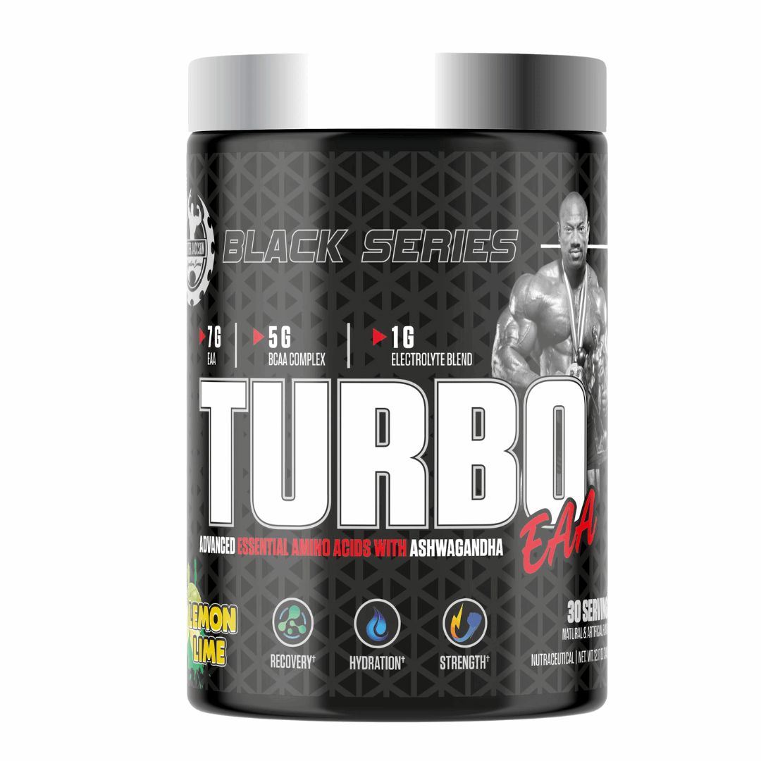 Black supplement container labeled 'Black Series Turbo EAA' with a white background