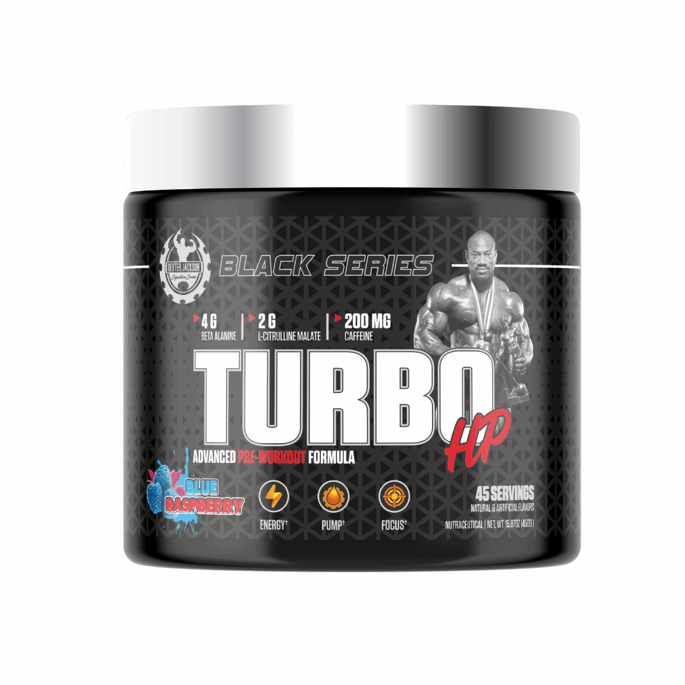 Black supplement container labeled 'Turbo HP' with branding and nutritional information on a white background.