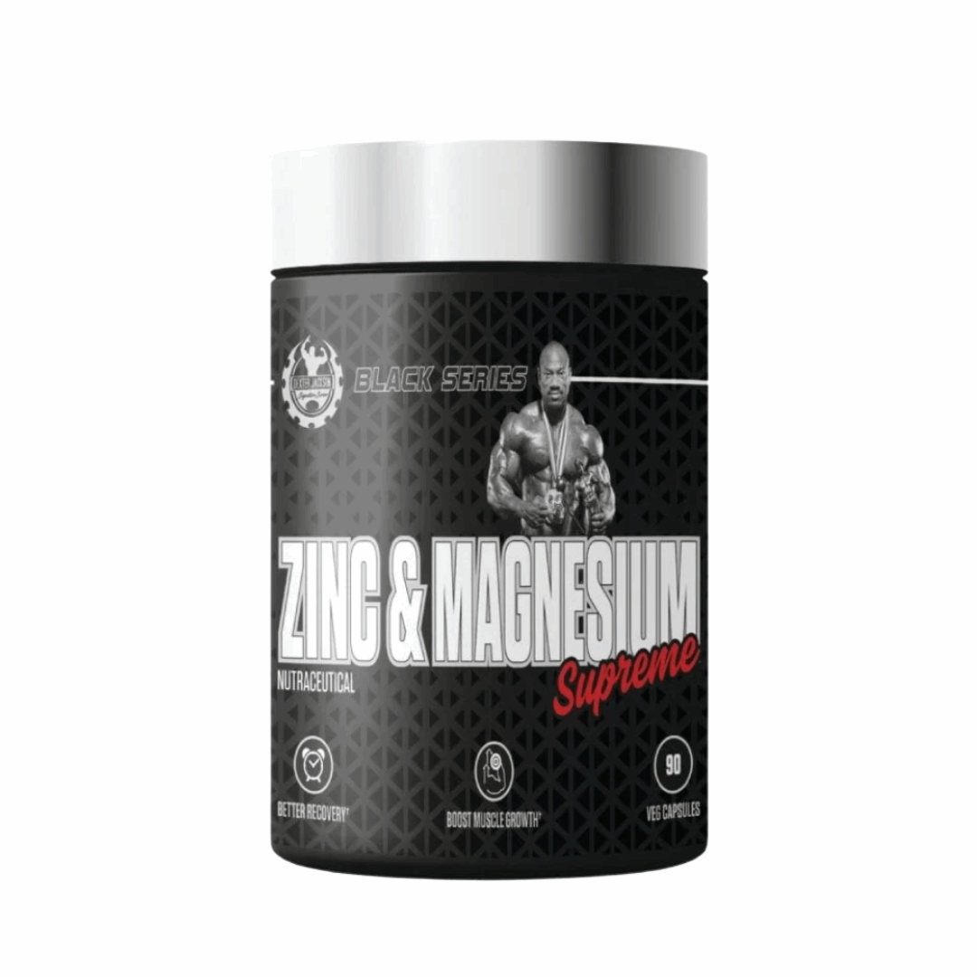 Supplement container labeled 'Zinc & Magnesium Supreme' with a black and silver design on a white background.