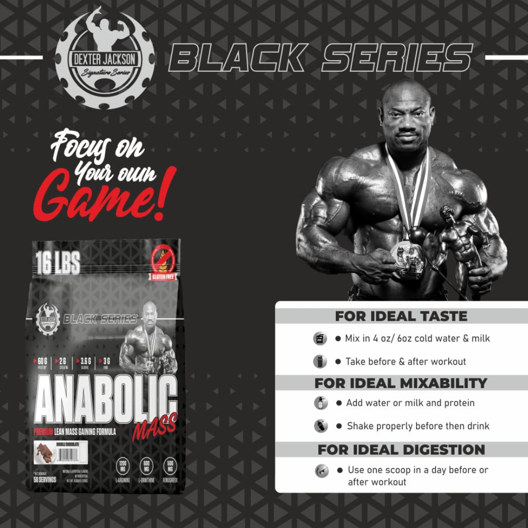 Advertisement for Dexter Jackson Black Series Anabolic Mass supplement with a bodybuilder and text on a dark background.