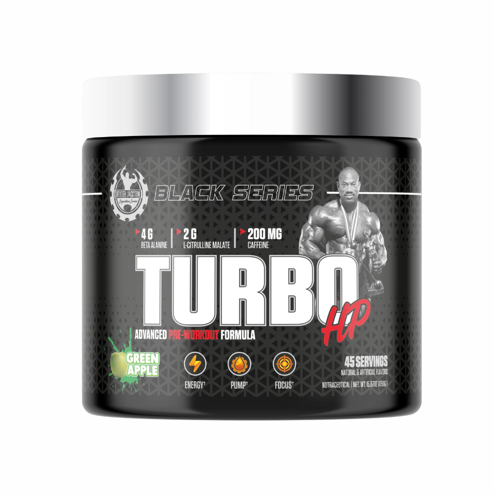Black Series Turbo 44 pre-workout supplement container on a white background