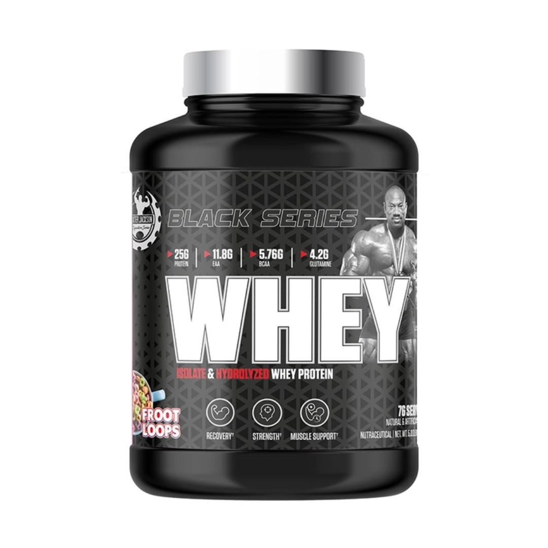 Black Series Whey protein supplement bottle on a white background