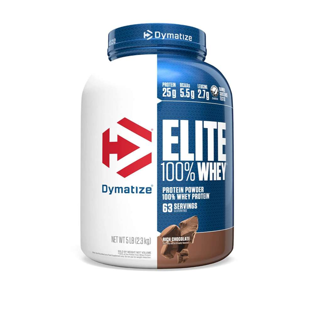 Dymatize Elite 100% Whey protein powder container on a white background