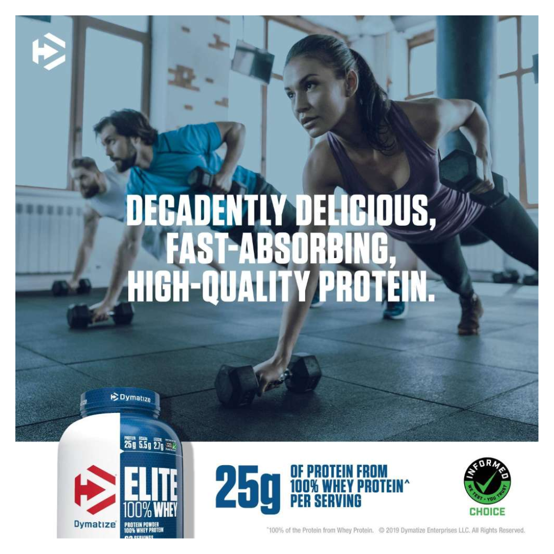 Advertisement for Dymatize Elite 100% Whey protein with people exercising in the background.