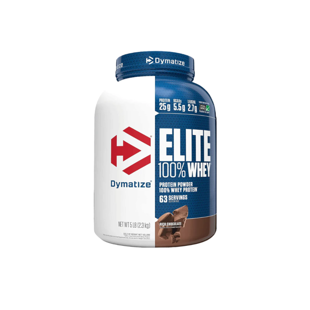 Dymatize Elite 100% Whey protein powder container on a white background
