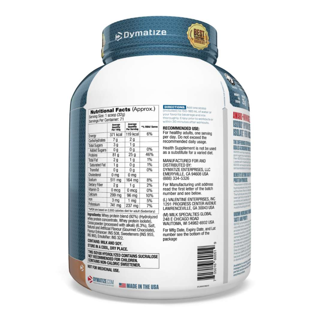 Back label of a Dymatize protein powder container with nutritional facts.