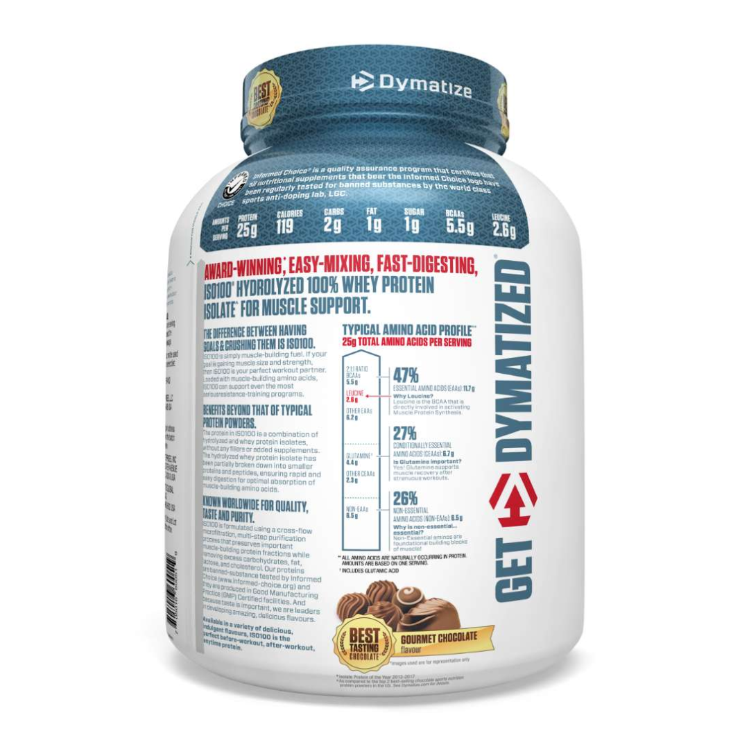 Dymatize protein powder container with blue and white design on a white background