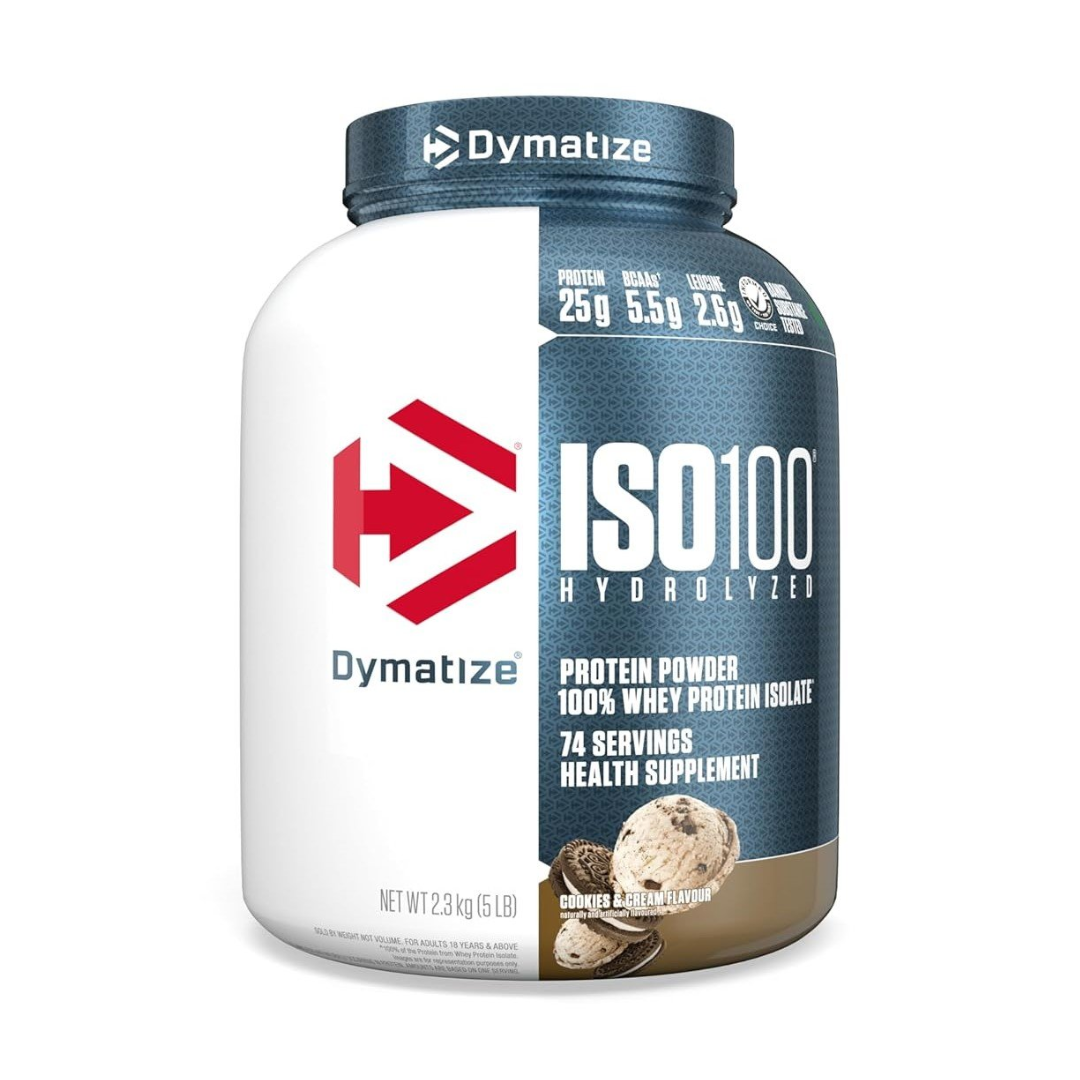 Dymatize ISO100 protein powder container on a white background
