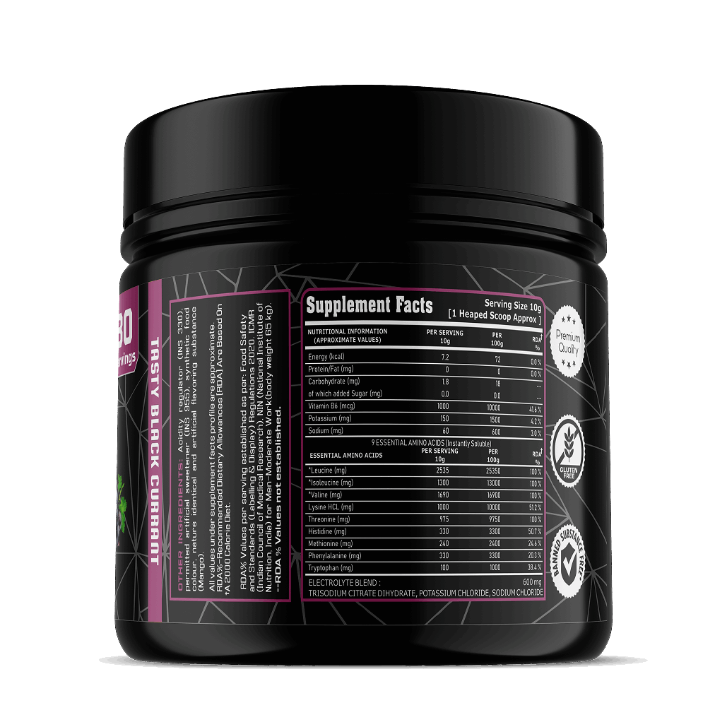 Black supplement container with purple and white text on a white background