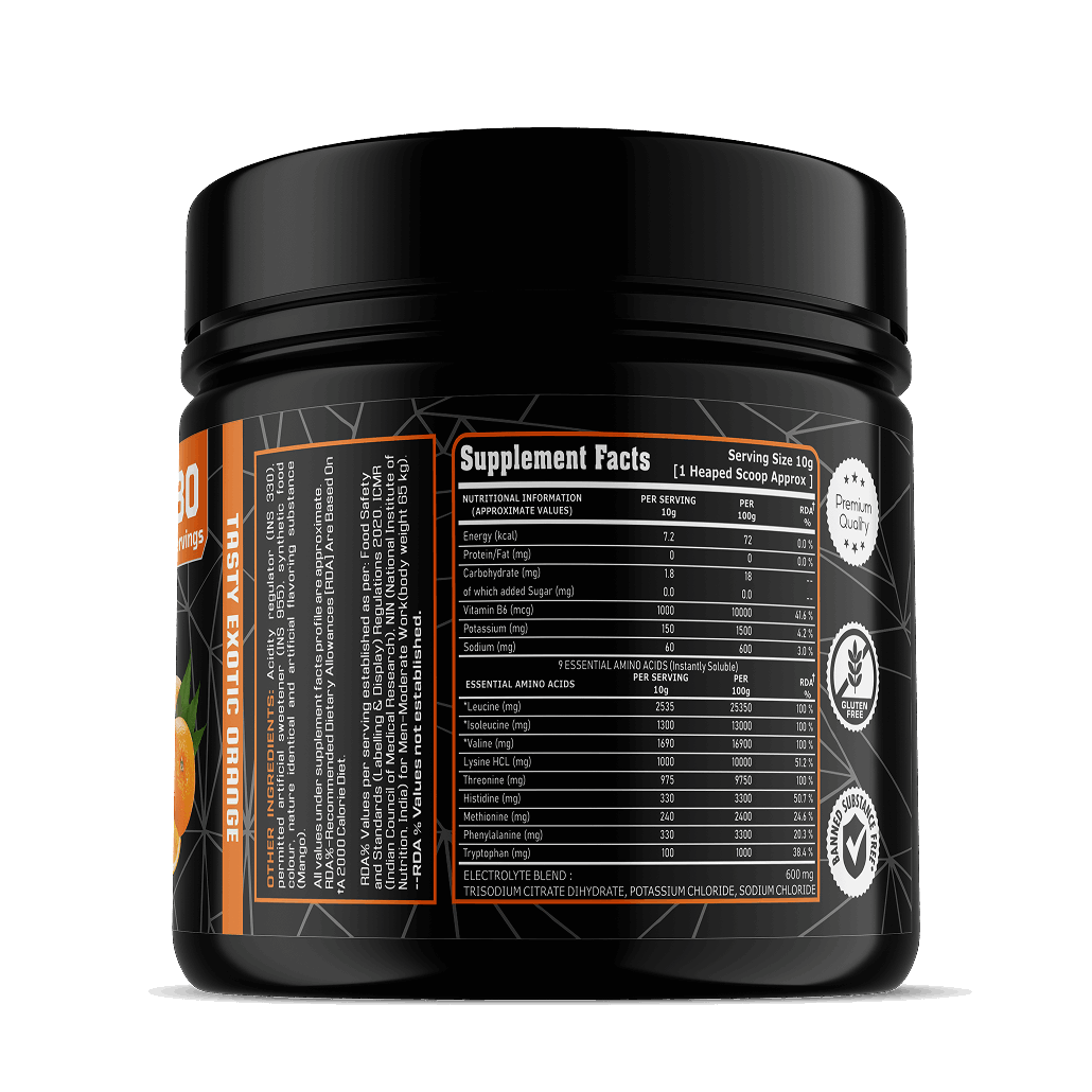 Black supplement container with label showing supplement facts and branding on a white background