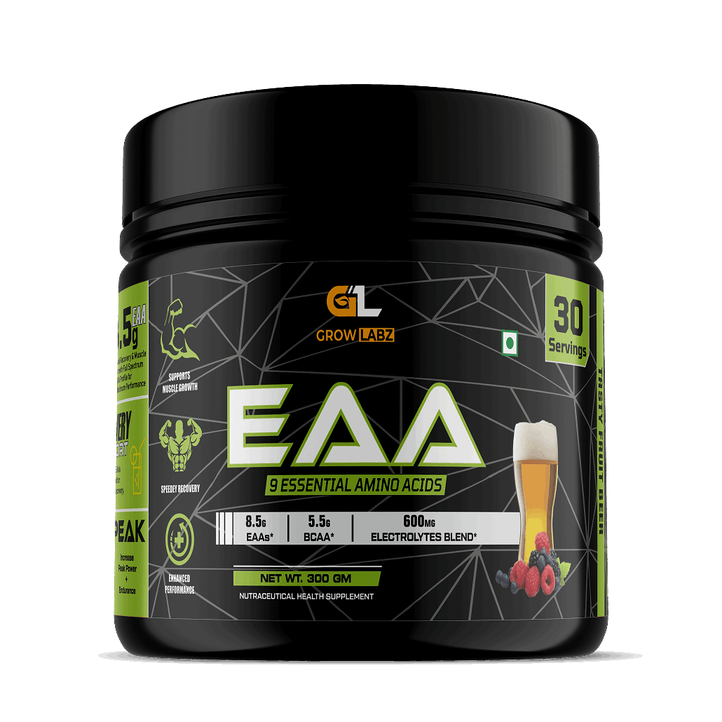 Black supplement container with green and white text on a white background