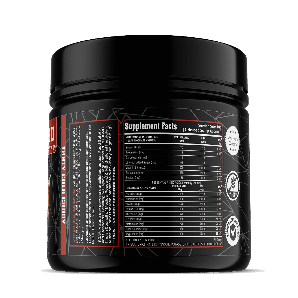 Black supplement container with supplement facts label on a white background