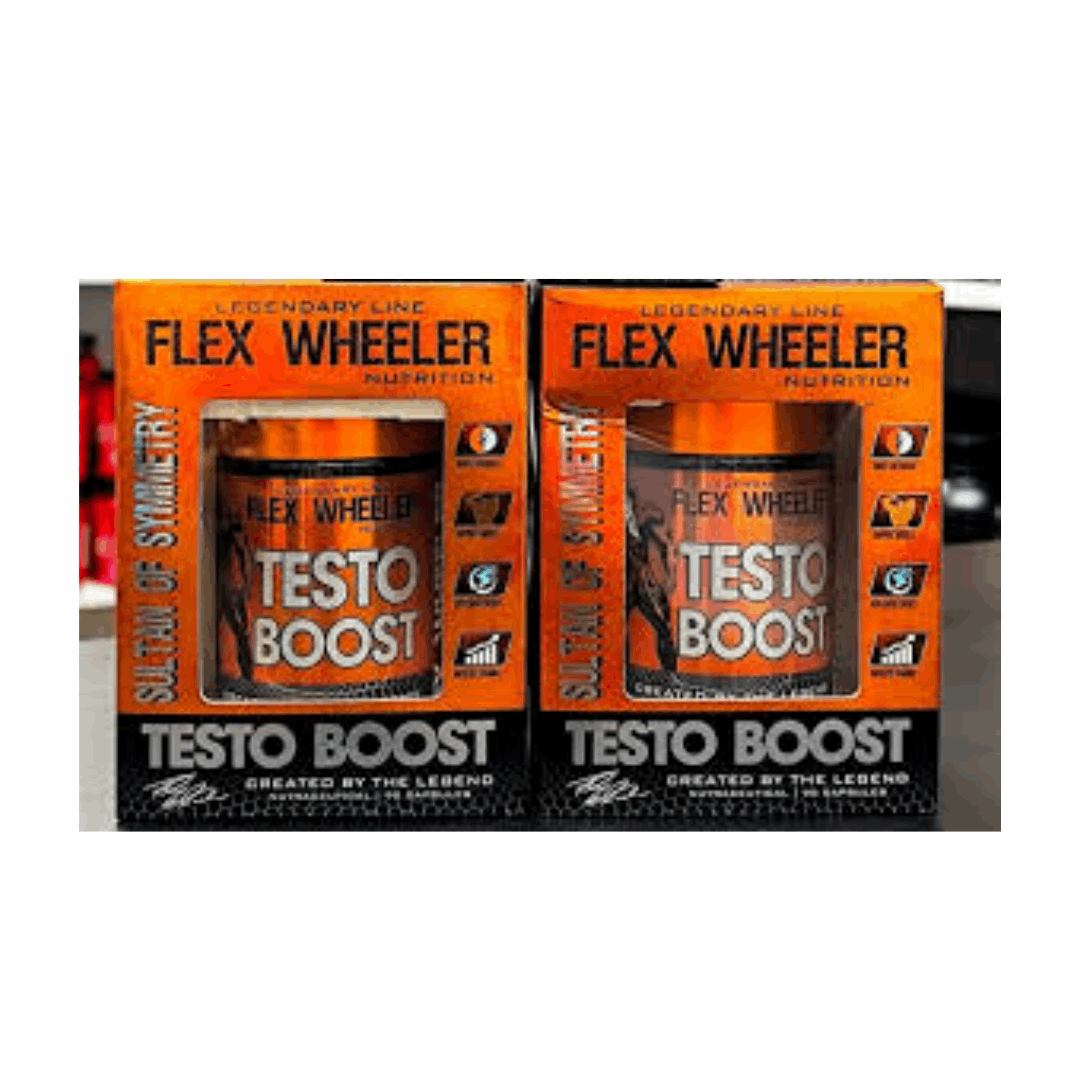 Two boxes of Flex Wheeler Testo Boost supplement on a white background