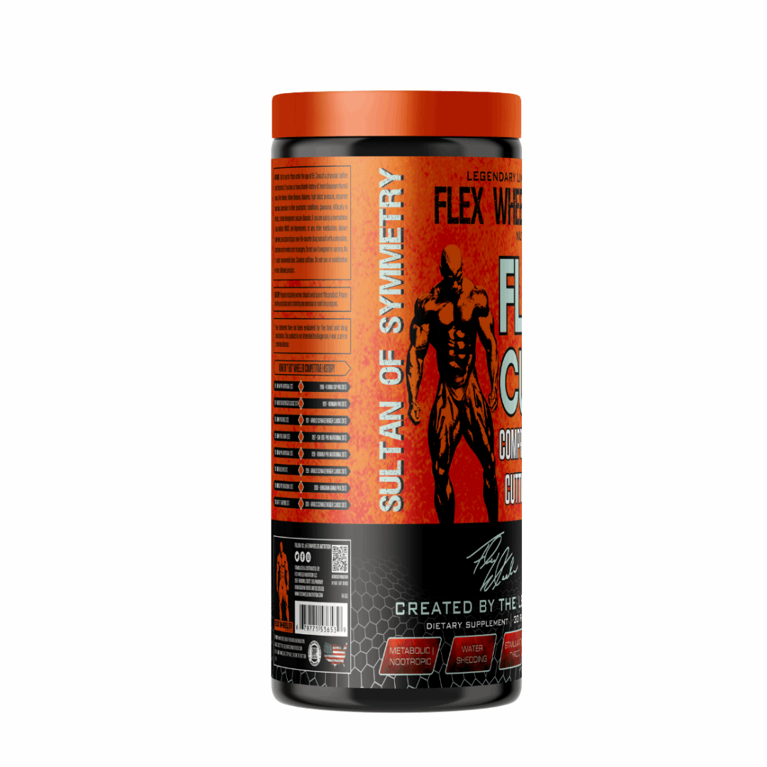 Supplement container with red and black design on a white background