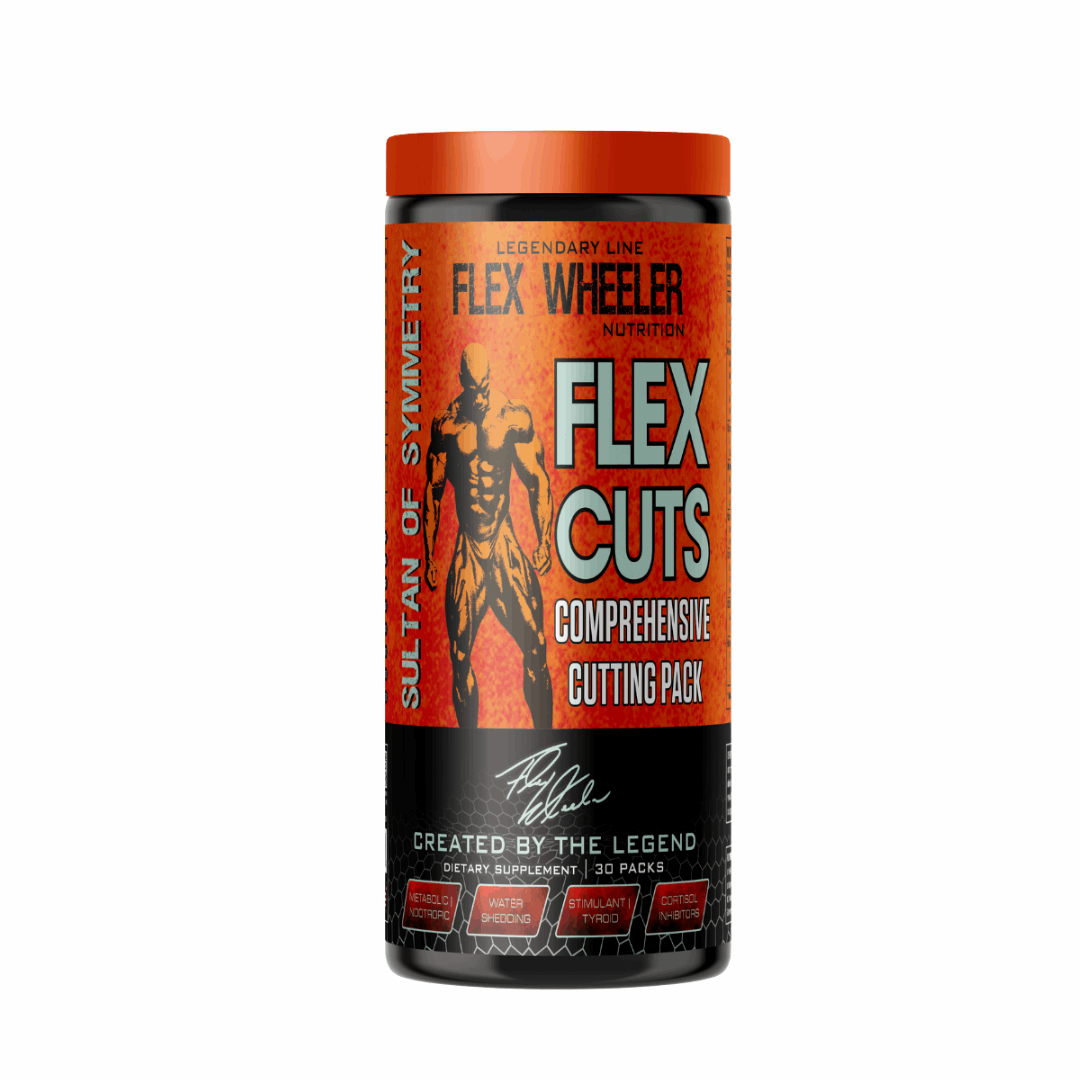 Flex Cuts supplement container with red and black design on a white background