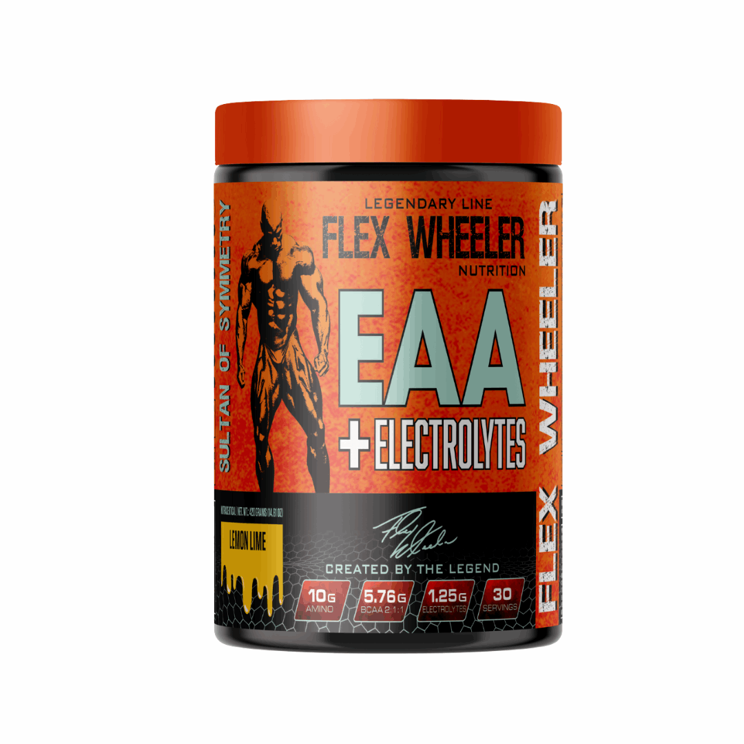 Flex Wheeler Nutrition EAA + Electrolytes supplement container on a white background
