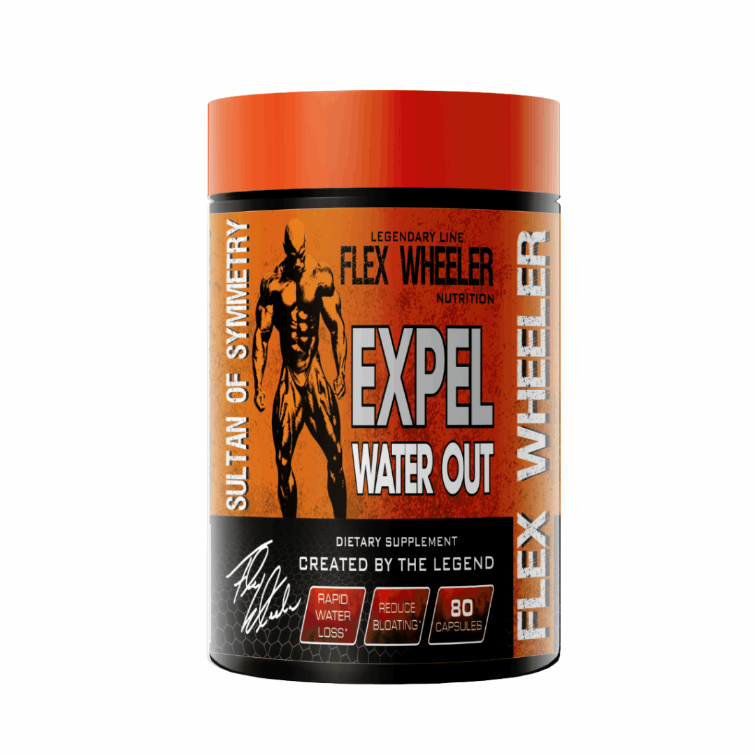 Supplement container labeled 'Flex Wheeler Expel Water Out' on a white background