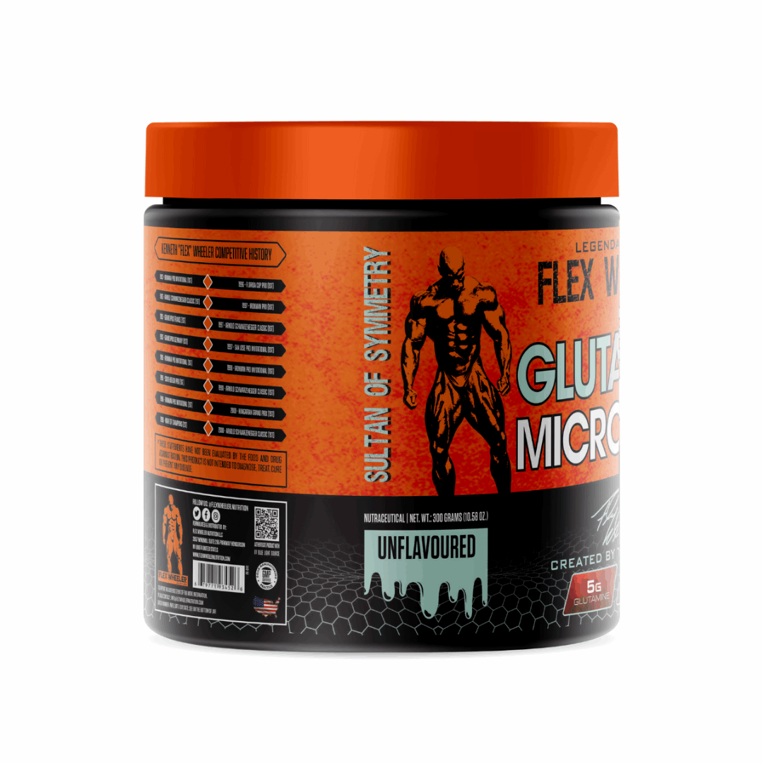 Flex Wheeler Nutrition Glutamine Micronized supplement container on a white background